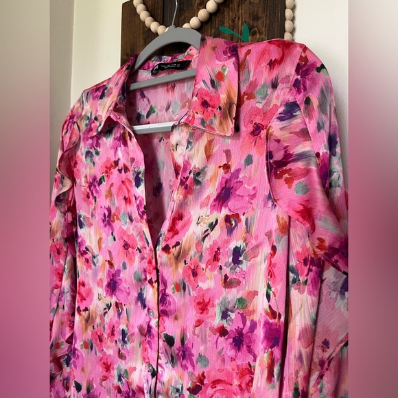 ZARA Pink Floral Button Down Long Sleeve Sheer Blouse with Collar Women’s Size S - Picture 3 of 13